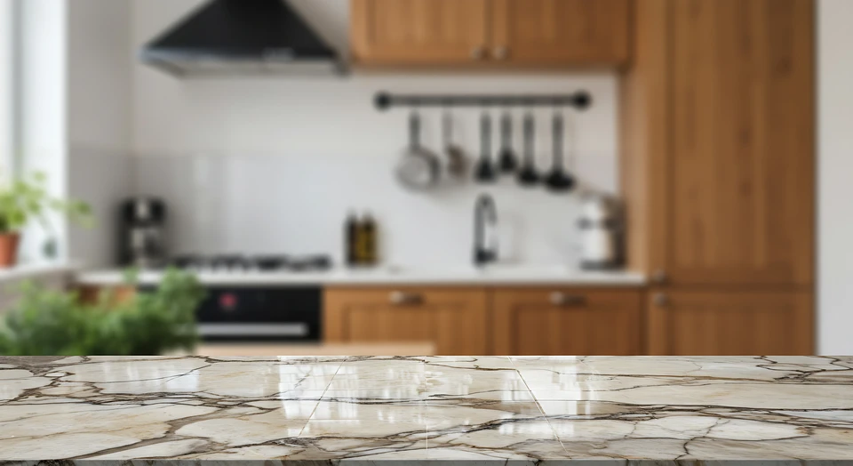 Cuisine moderne haut de gamme avec îlot central en pierre naturelle