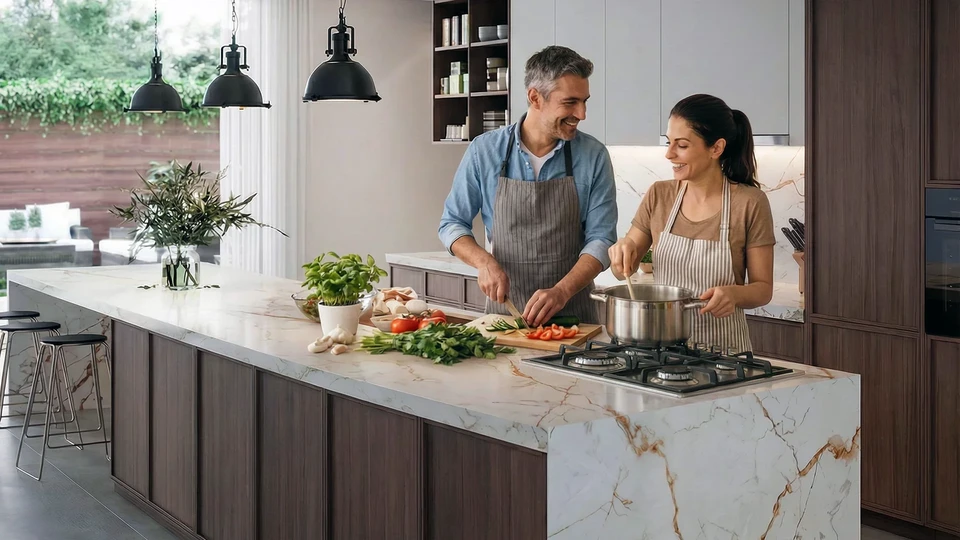 Homme senior barbu en chemise bleue et tablier rayé utilisant un ordinateur portable dans une cuisine moderne
