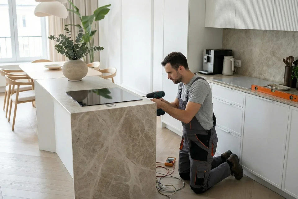 Intérieur domestique avec machine à laver blanche en fonctionnement, linge bleu visible dans le tambour